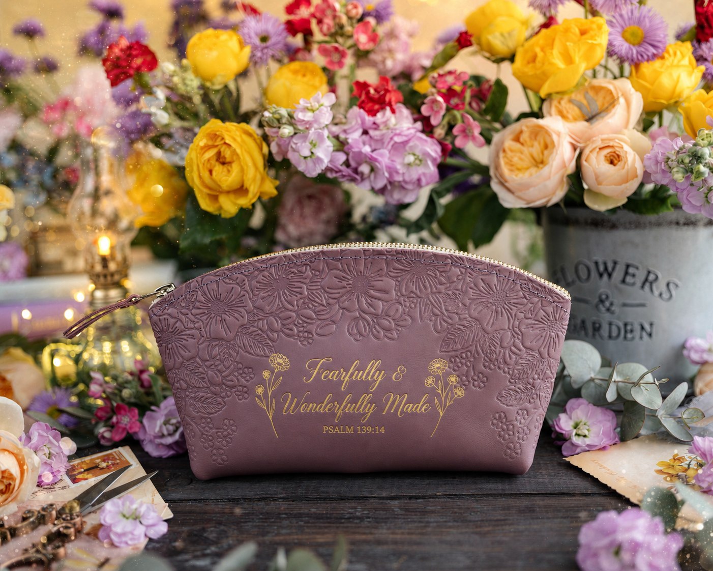 Fearfully & Wonderfully Made Psalm 139:14 full-grain leather makeup bag, Christian scripture gift
