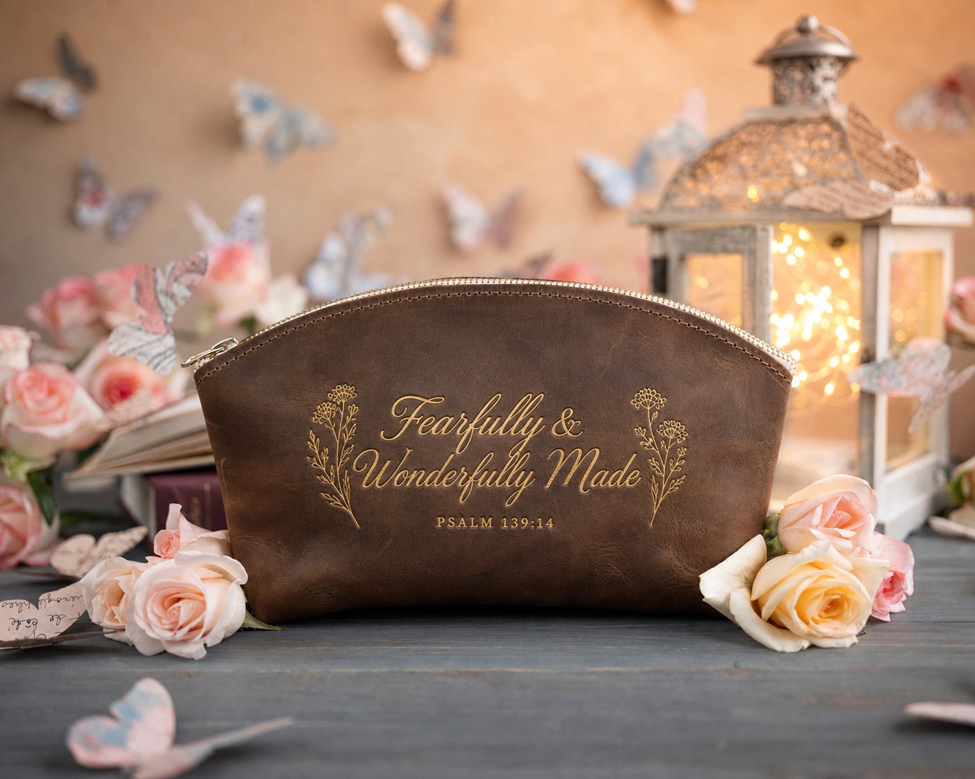 Fearfully & Wonderfully Made Psalm 139:14 Sicilian Brown full-grain leather makeup bag, Christian scripture gift