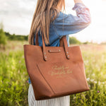Fearfully And Wonderfully Made Psalm 139:14 full-grain leather tote bag, Christian scripture gift
