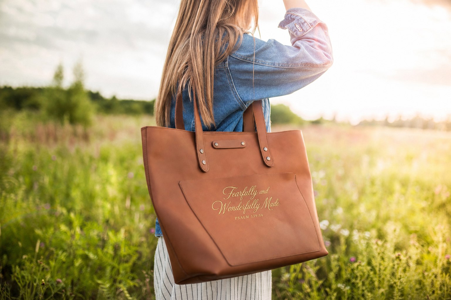 Fearfully And Wonderfully Made Psalm 139:14 full-grain leather tote bag, Christian scripture gift