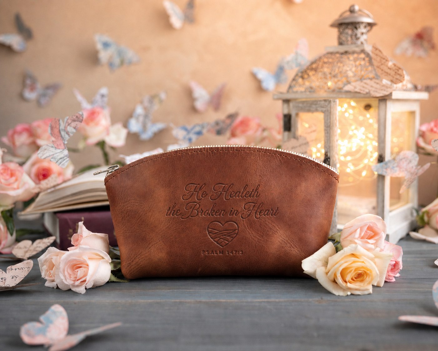 He Healeth The Broken In Heart Psalm 147:3 Arizona full-grain leather makeup bag, Christian scripture gift