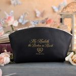 He Healeth The Broken In Heart Psalm 147:3 Black full-grain leather makeup bag, Christian scripture gift