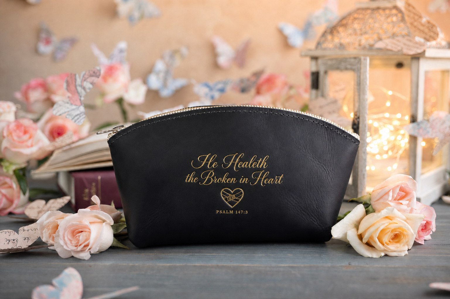 He Healeth The Broken In Heart Psalm 147:3 Black full-grain leather makeup bag, Christian scripture gift