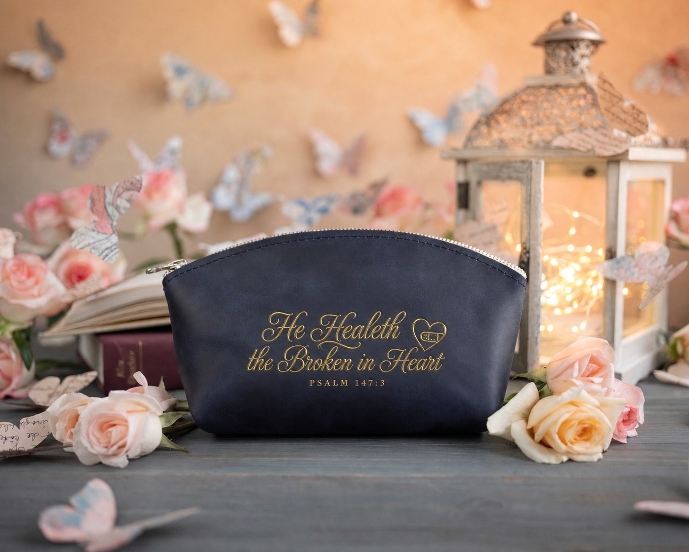 He Healeth The Broken In Heart Psalm 147:3 Blueberry full-grain leather makeup bag, Christian scripture gift