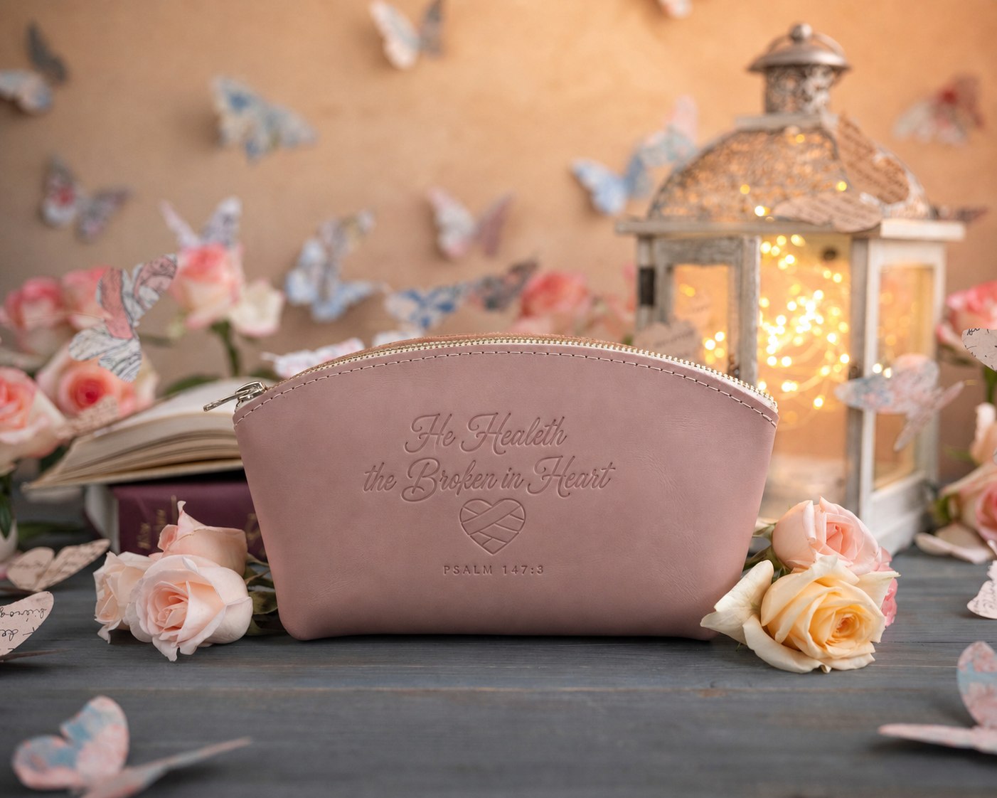 He Healeth The Broken In Heart Psalm 147:3 Blush full-grain leather makeup bag, Christian scripture gift
