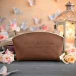 He Healeth The Broken In Heart Psalm 147:3 Caramel full-grain leather makeup bag, Christian scripture gift