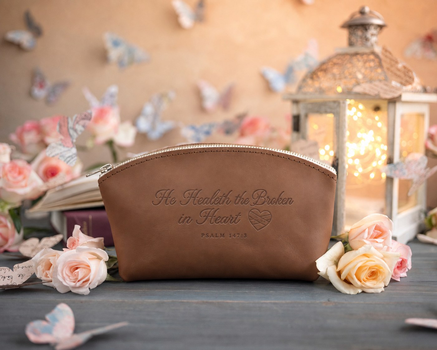 He Healeth The Broken In Heart Psalm 147:3 Caramel full-grain leather makeup bag, Christian scripture gift