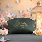 He Healeth The Broken In Heart Psalm 147:3 Forest Green full-grain leather makeup bag, Christian scripture gift