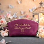 He Healeth The Broken In Heart Psalm 147:3 Fuchsia full-grain leather makeup bag, Christian scripture gift