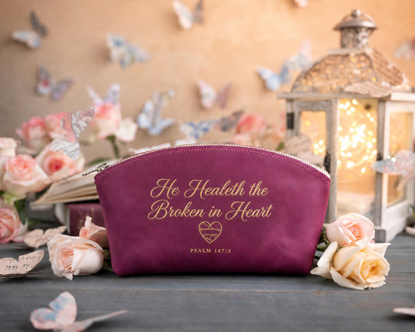 He Healeth The Broken In Heart Psalm 147:3 Fuchsia full-grain leather makeup bag, Christian scripture gift