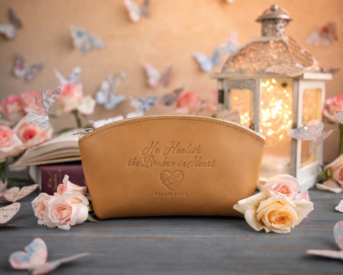 He Healeth The Broken In Heart Psalm 147:3 Indian Summer full-grain leather makeup bag, Christian scripture gift