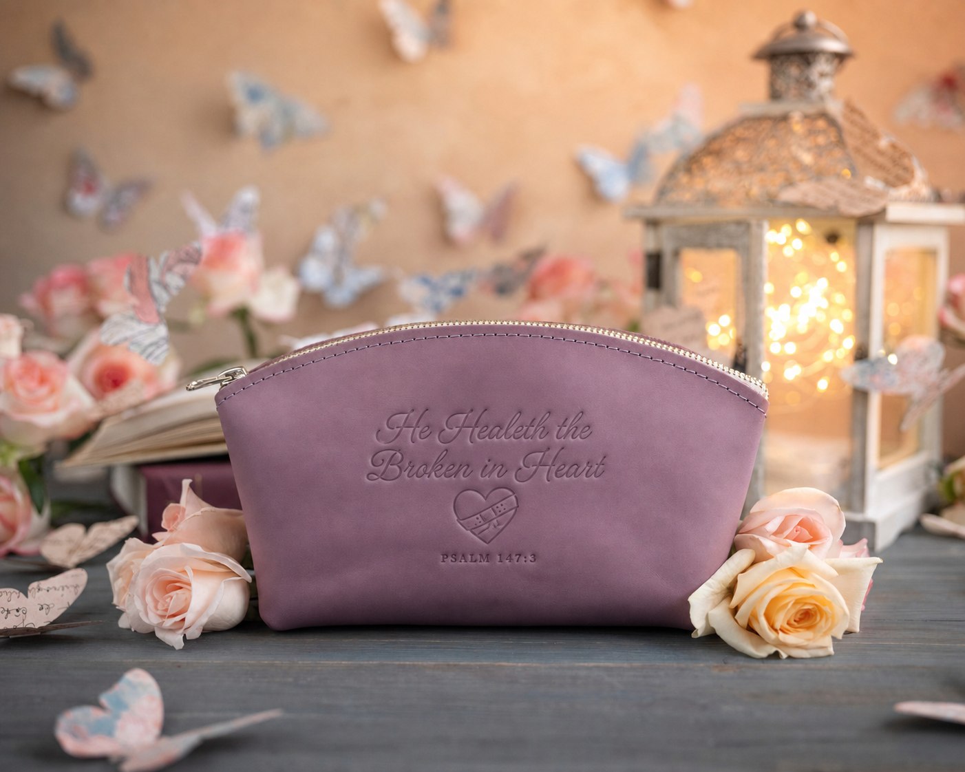 He Healeth The Broken In Heart Psalm 147:3 Lilac full-grain leather makeup bag, Christian scripture gift