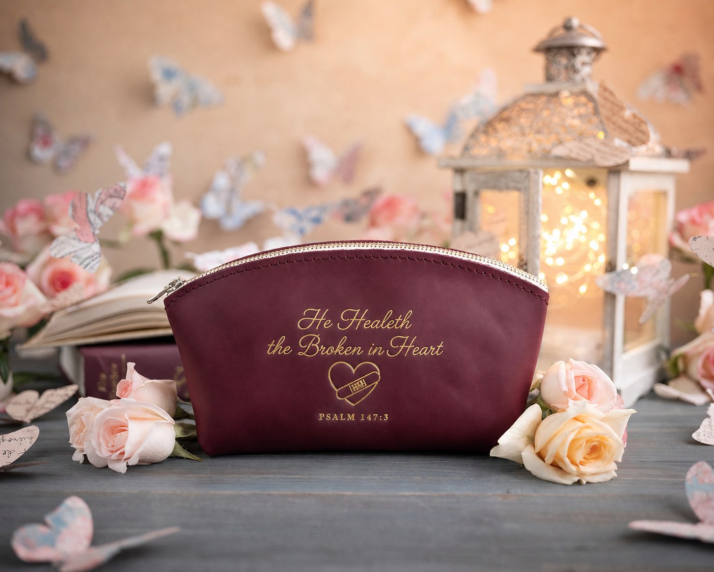 He Healeth The Broken In Heart Psalm 147:3 Sangria full-grain leather makeup bag, Christian scripture gift