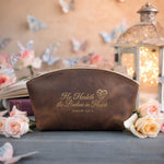 He Healeth The Broken In Heart Psalm 147:3 Sicilian Brown full-grain leather makeup bag, Christian scripture gift