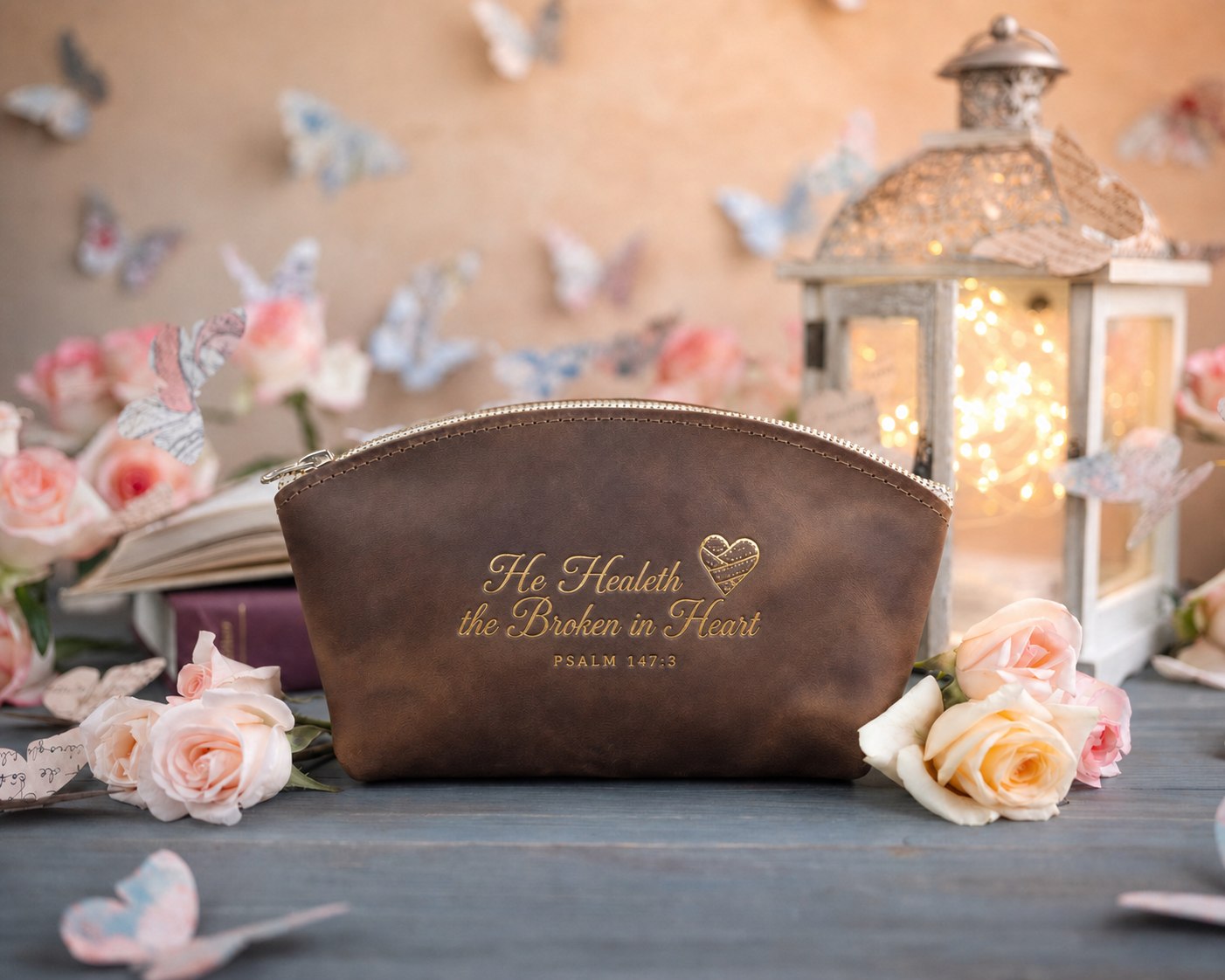 He Healeth The Broken In Heart Psalm 147:3 Sicilian Brown full-grain leather makeup bag, Christian scripture gift