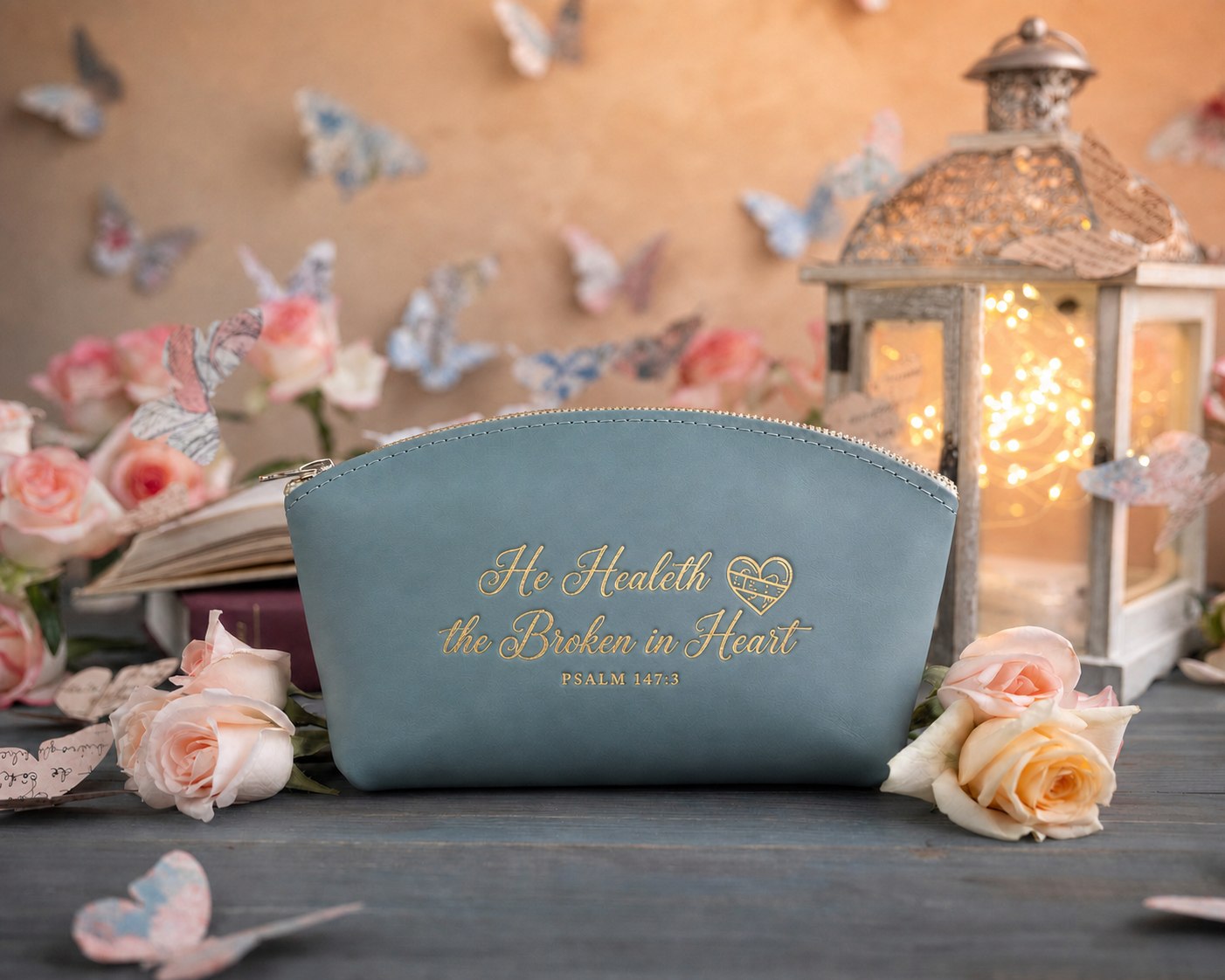 He Healeth The Broken In Heart Psalm 147:3 Turquoise full-grain leather makeup bag, Christian scripture gift