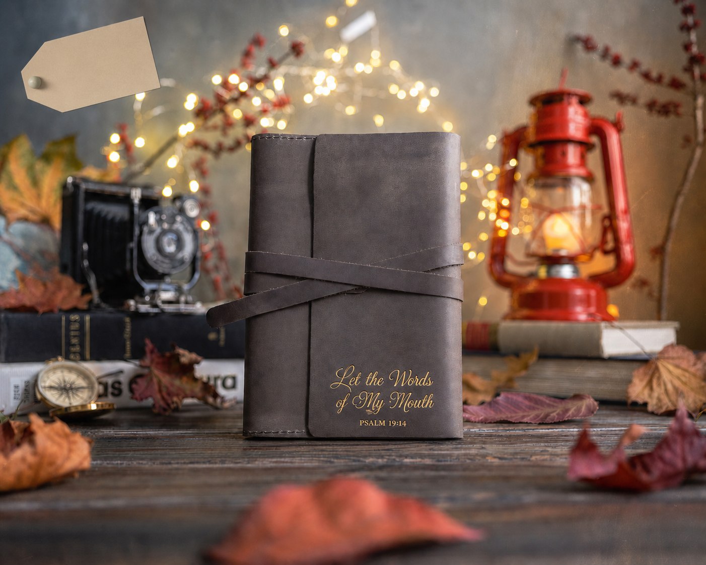 Let The Words Of My Mouth Psalm 19:14 handcrafted leather journal, Christian scripture gift