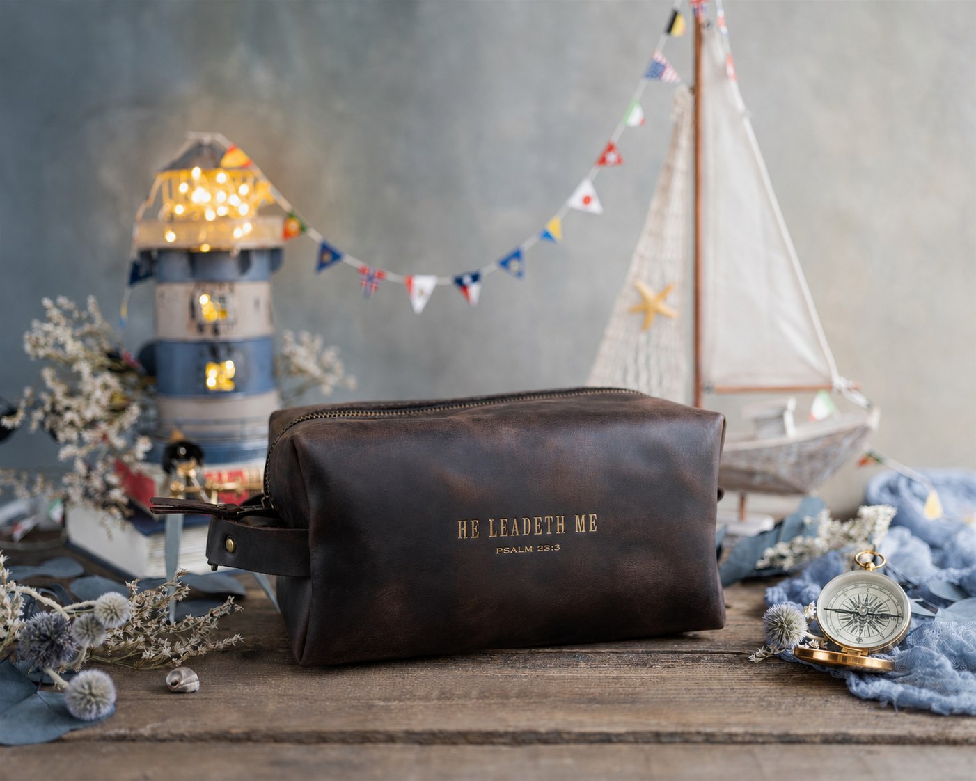 He Leadeth Me Psalm 23:3 full-grain leather dopp kit, Christian scripture gift