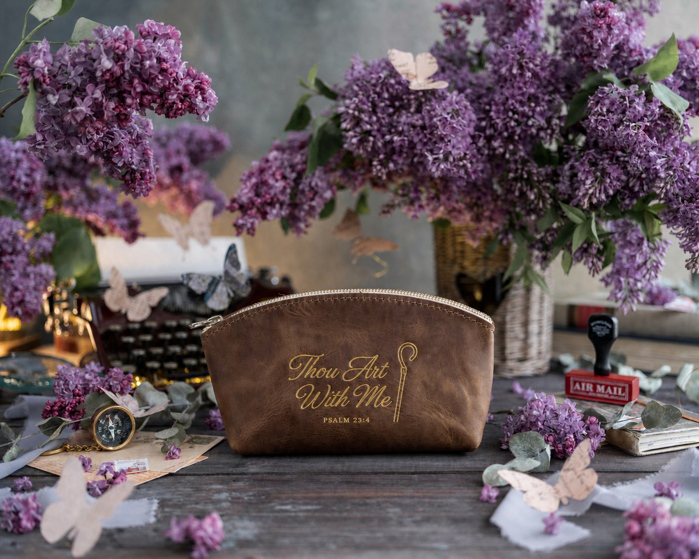 I Will Fear No Evil Psalm 23:4 full-grain leather makeup bag, Christian scripture gift