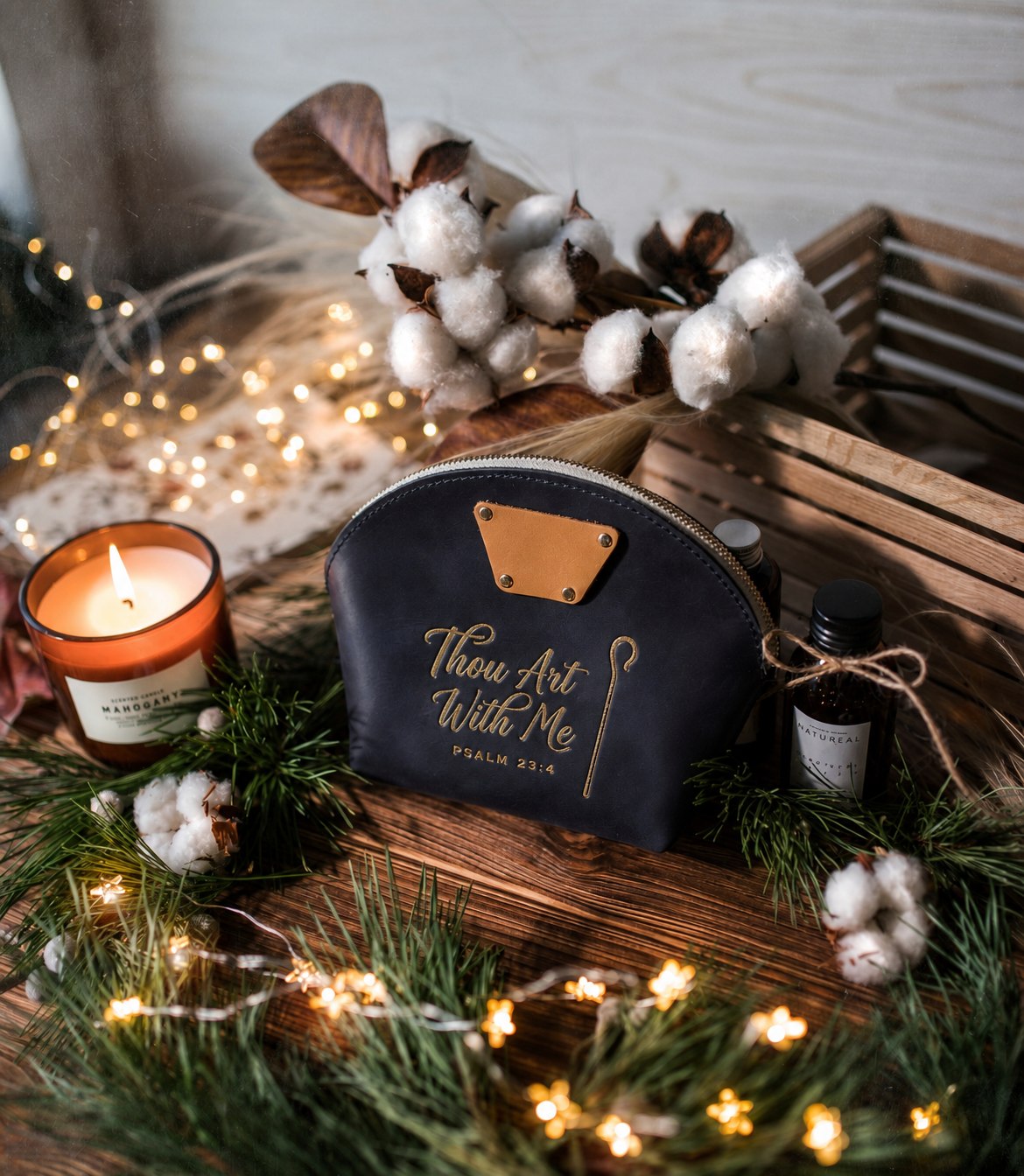 I Will Fear No Evil Psalm 23:4 full-grain leather makeup bag, Christian scripture gift