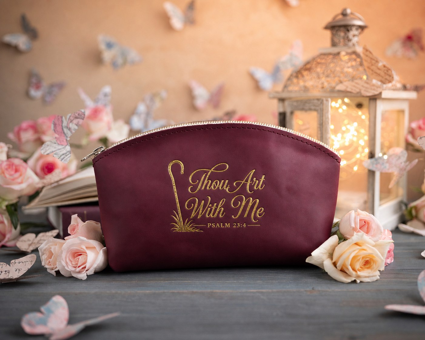 I Will Fear No Evil Psalm 23:4 Sangria full-grain leather makeup bag, Christian scripture gift