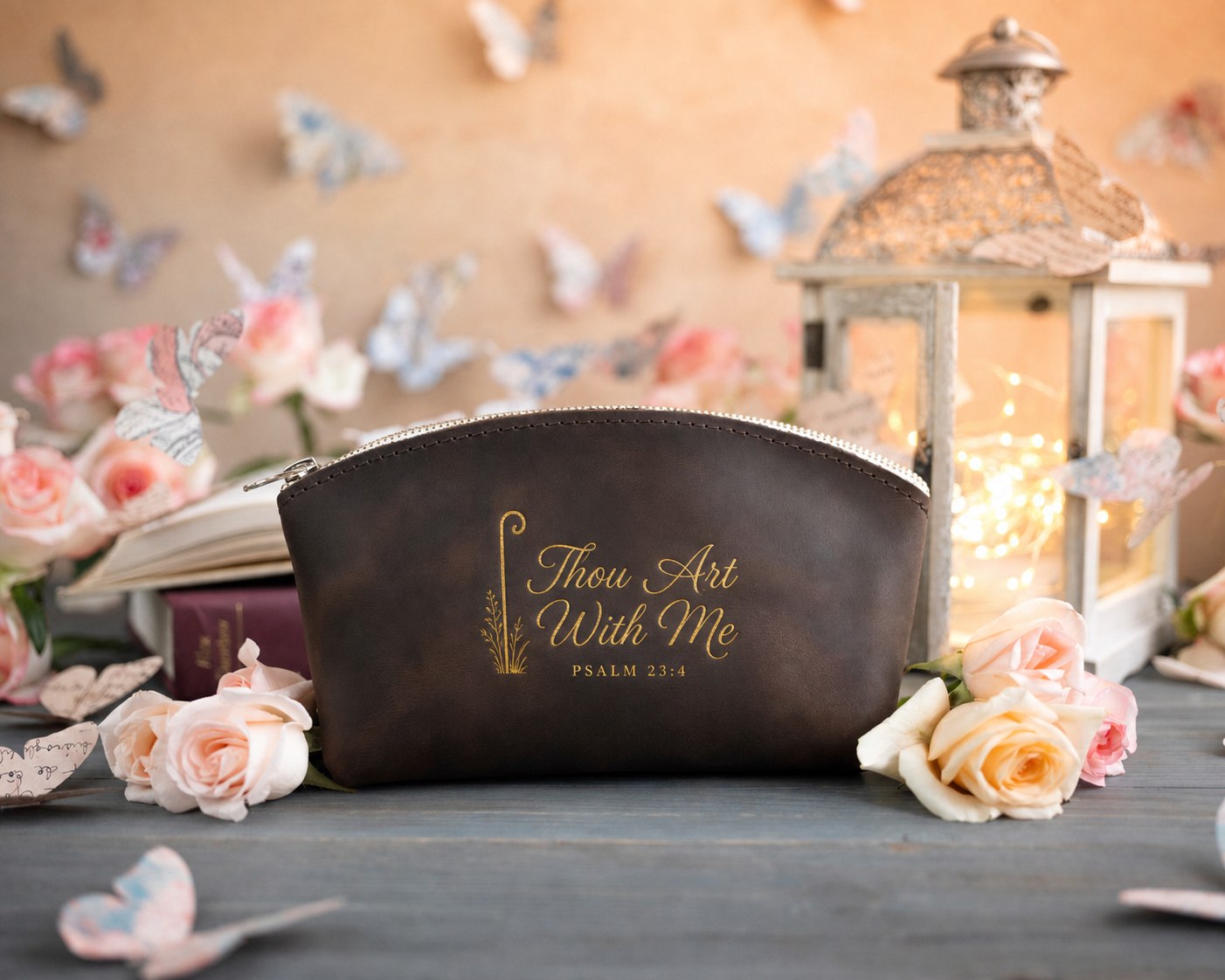 I Will Fear No Evil Psalm 23:4 full-grain leather makeup bag, Christian scripture gift