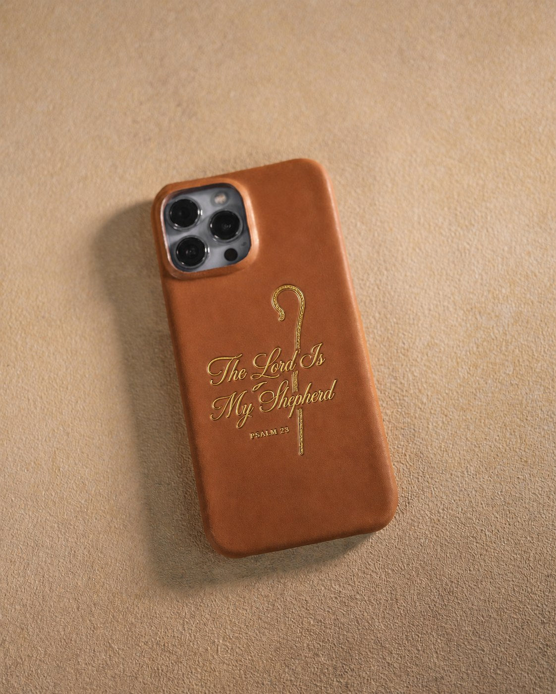 The Lord Is My Shepherd Psalm 23 handcrafted leather iPhone case, Christian scripture gift