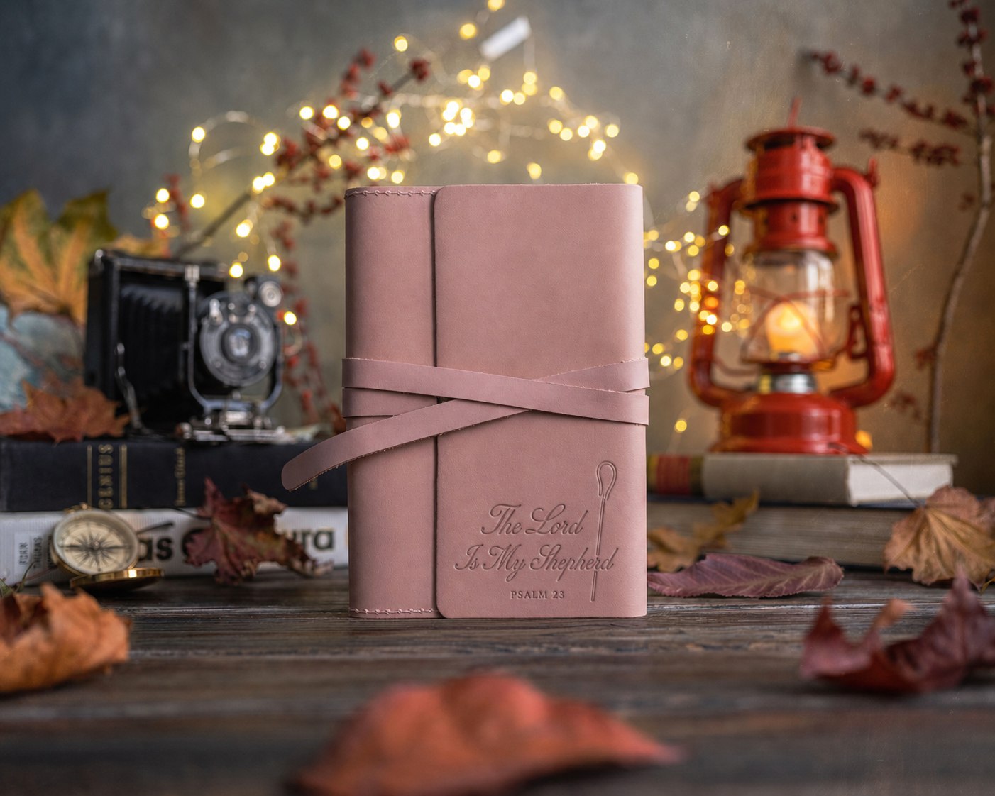 The Lord Is My Shepherd Psalm 23 Blush handcrafted leather journal, Christian scripture gift
