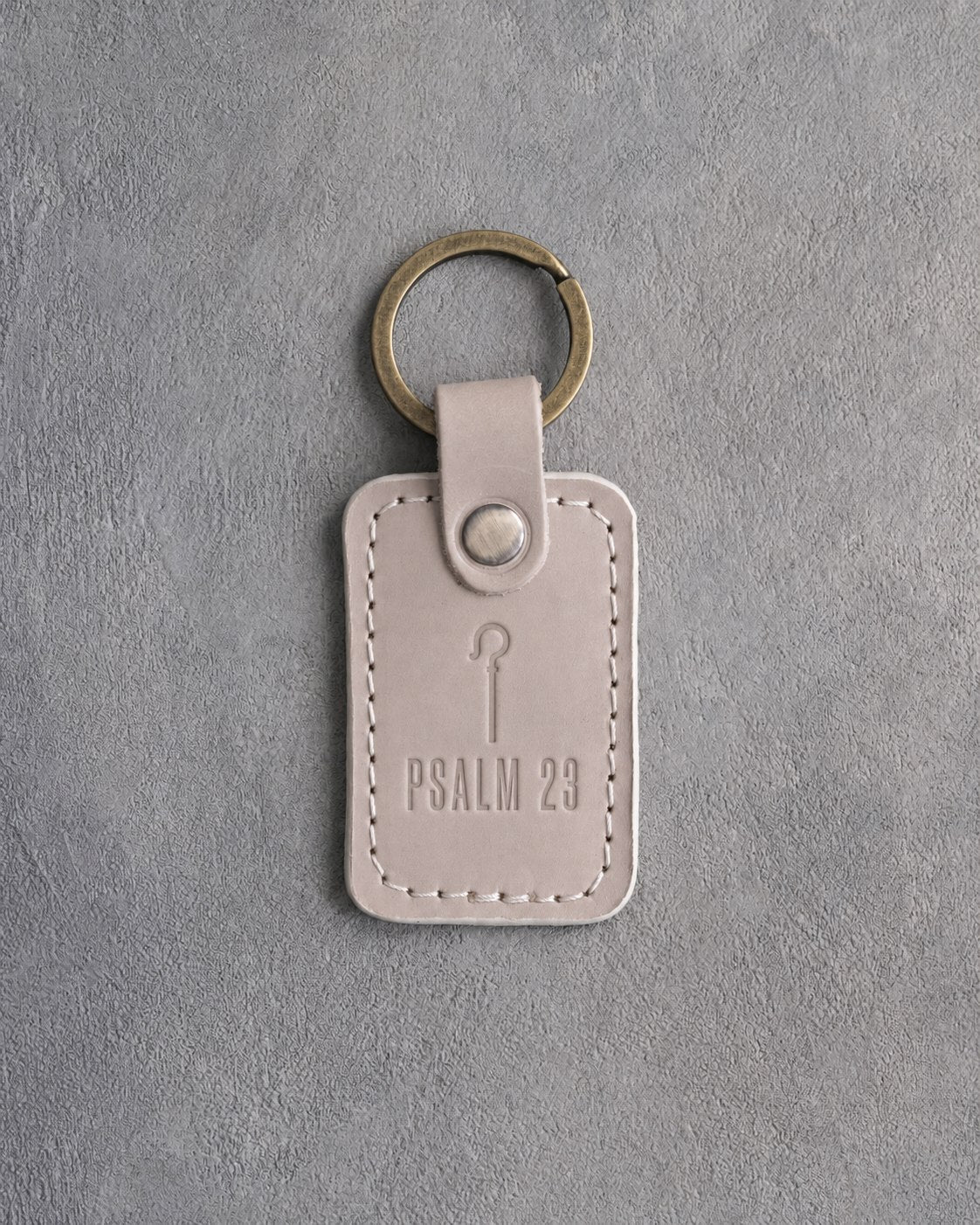 The Lord Is My Shepherd Psalm 23 Gray Sand handcrafted leather keychain, Christian scripture gift