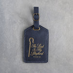 The Lord Is My Shepherd Psalm 23 Blueberry full-grain leather luggage tag, Christian scripture gift