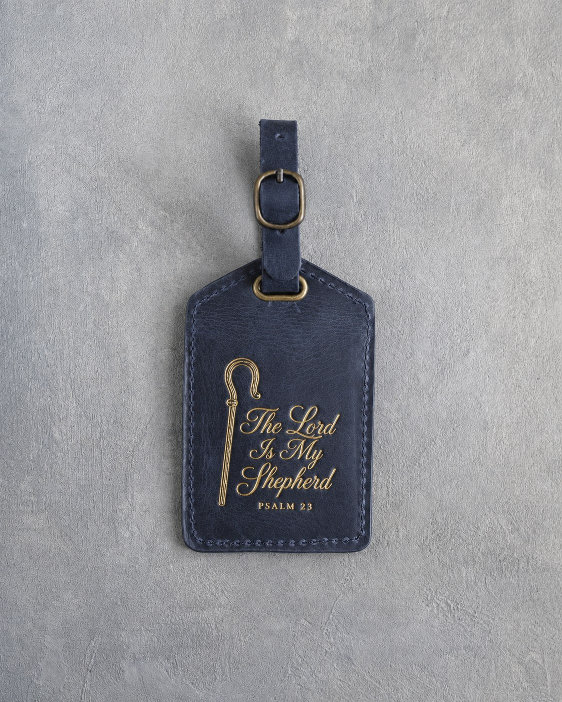 The Lord Is My Shepherd Psalm 23 Blueberry full-grain leather luggage tag, Christian scripture gift