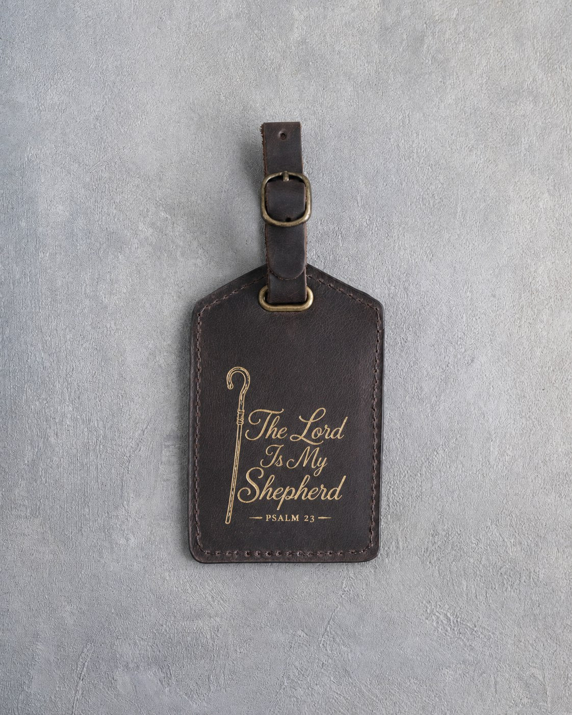 The Lord Is My Shepherd Psalm 23 Dark Espresso full-grain leather luggage tag, Christian scripture gift
