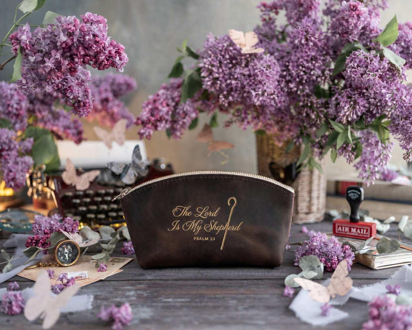 The Lord Is My Shepherd Psalm 23 full-grain leather makeup bag, Christian scripture gift