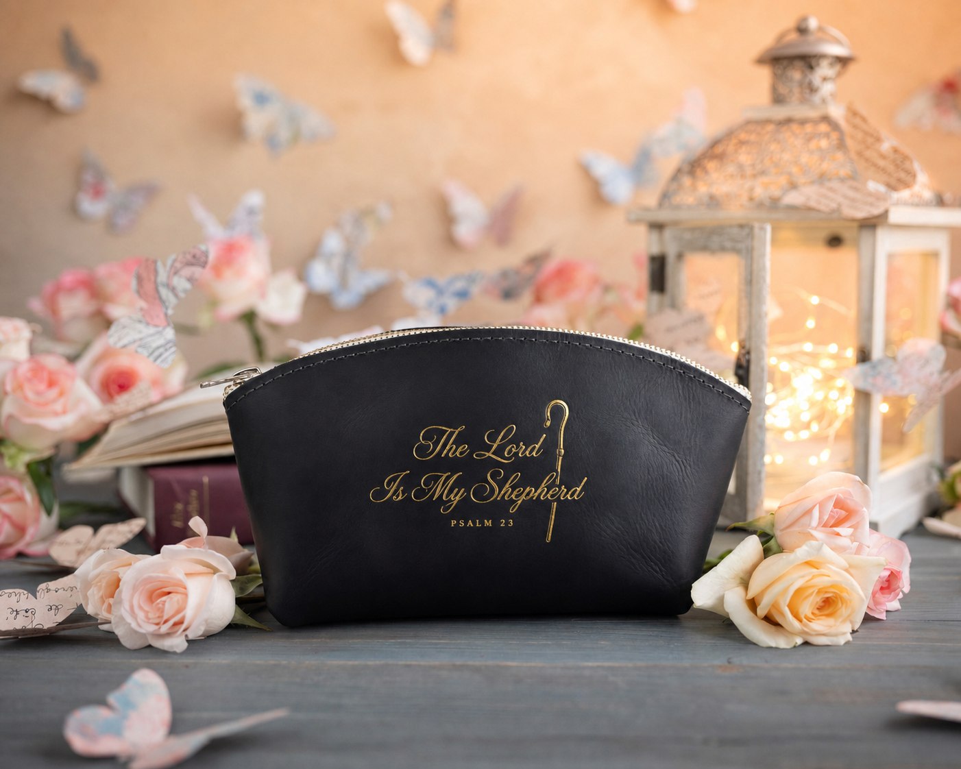 The Lord Is My Shepherd Psalm 23 Black full-grain leather makeup bag, Christian scripture gift