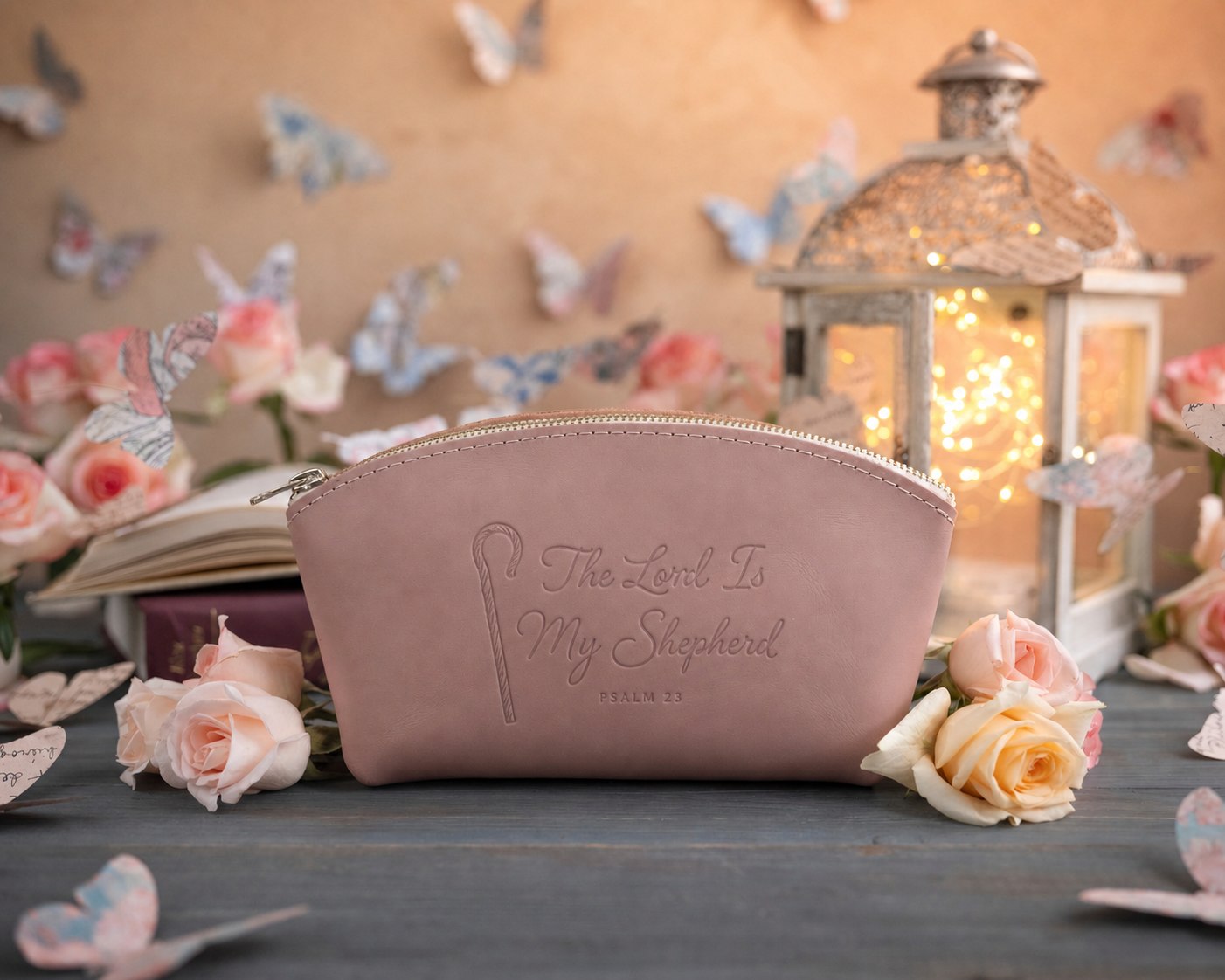 The Lord Is My Shepherd Psalm 23 Blush full-grain leather makeup bag, Christian scripture gift
