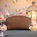 The Lord Is My Shepherd Psalm 23 Caramel full-grain leather makeup bag, Christian scripture gift