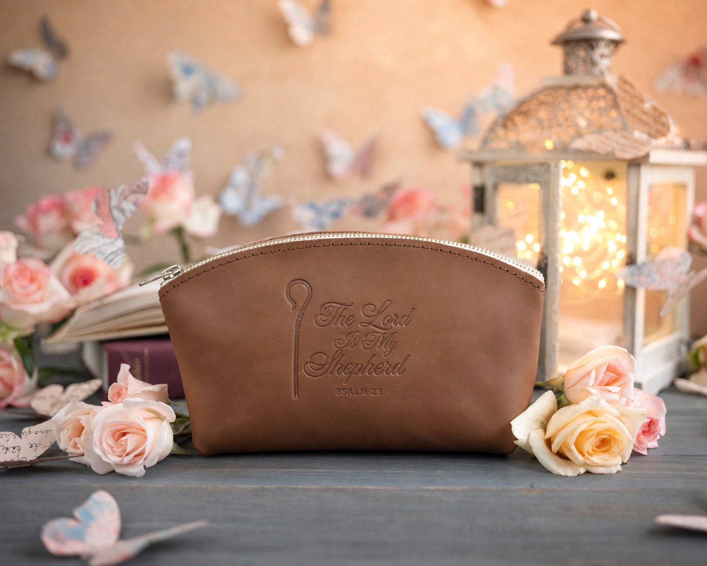 The Lord Is My Shepherd Psalm 23 Caramel full-grain leather makeup bag, Christian scripture gift
