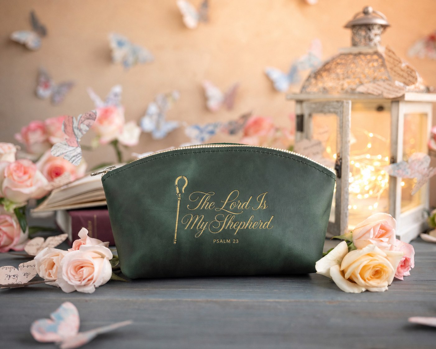 The Lord Is My Shepherd Psalm 23 Forest Green full-grain leather makeup bag, Christian scripture gift