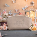 The Lord Is My Shepherd Psalm 23 Gray Sand full-grain leather makeup bag, Christian scripture gift