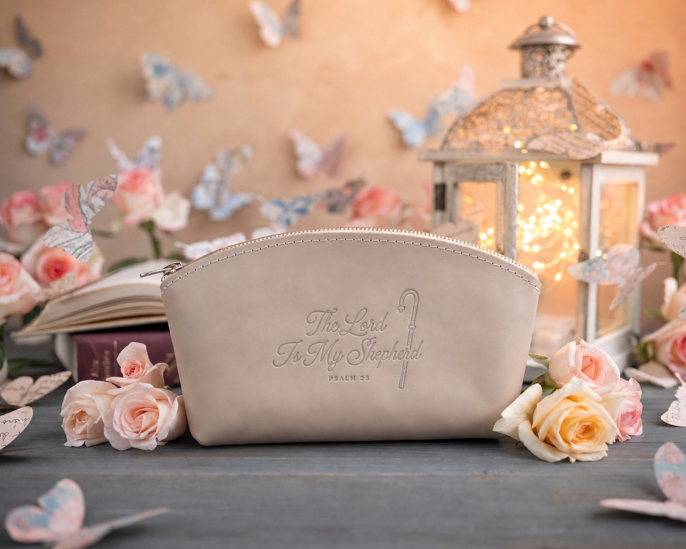 The Lord Is My Shepherd Psalm 23 Gray Sand full-grain leather makeup bag, Christian scripture gift
