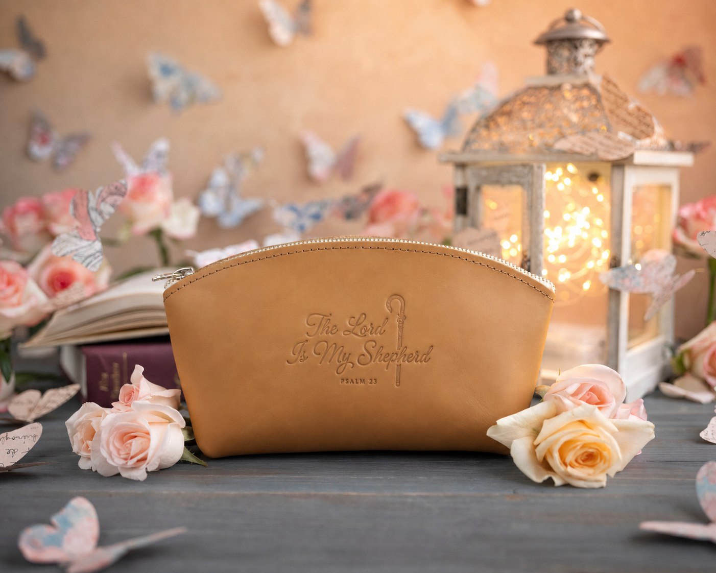 The Lord Is My Shepherd Psalm 23 Indian Summer full-grain leather makeup bag, Christian scripture gift