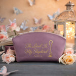 The Lord Is My Shepherd Psalm 23 Lilac full-grain leather makeup bag, Christian scripture gift