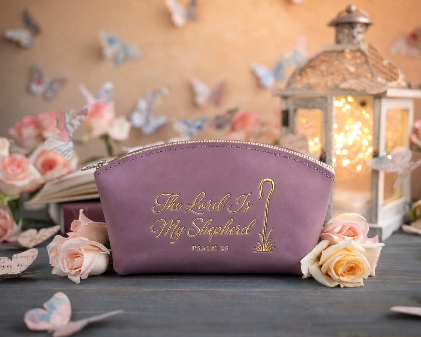 The Lord Is My Shepherd Psalm 23 Lilac full-grain leather makeup bag, Christian scripture gift