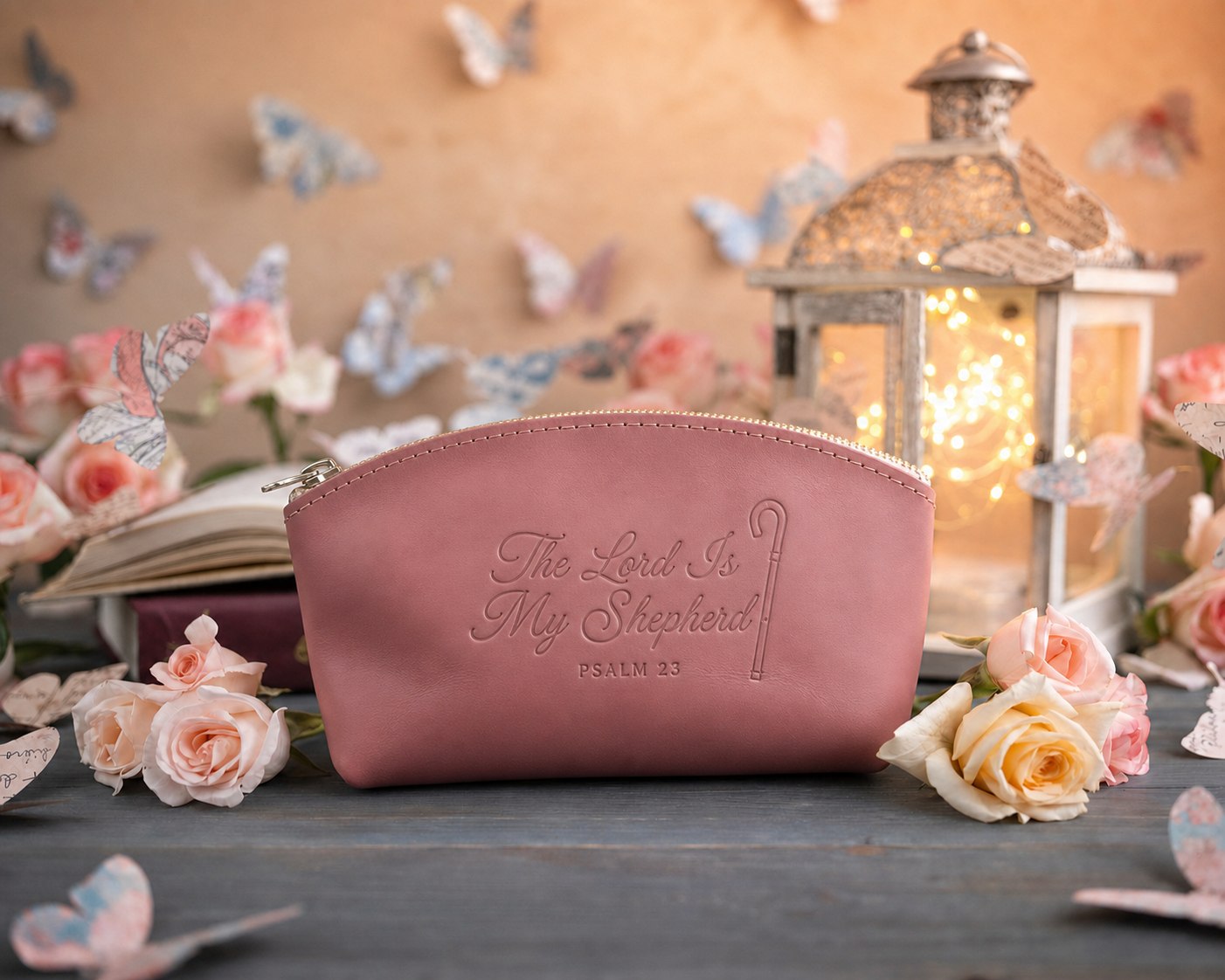The Lord Is My Shepherd Psalm 23 Parisian Blossom full-grain leather makeup bag, Christian scripture gift