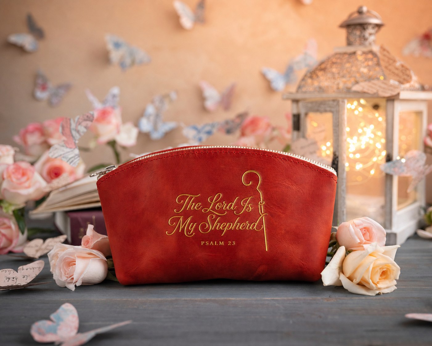 The Lord Is My Shepherd Psalm 23 Poppy Red full-grain leather makeup bag, Christian scripture gift