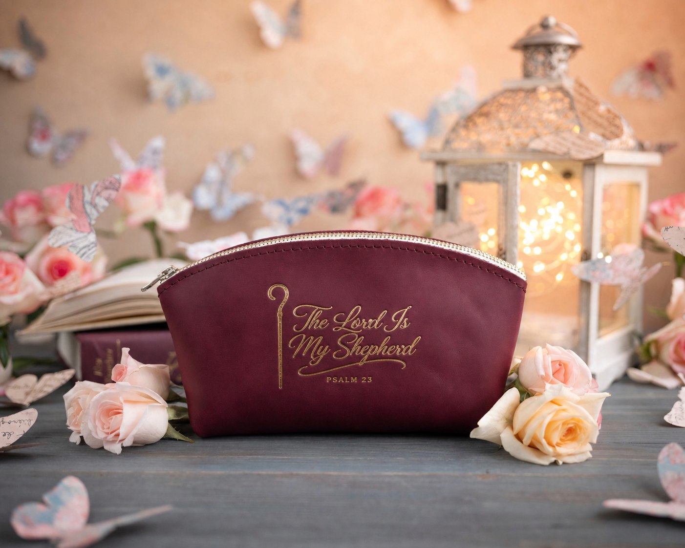 The Lord Is My Shepherd Psalm 23 Sangria full-grain leather makeup bag, Christian scripture gift