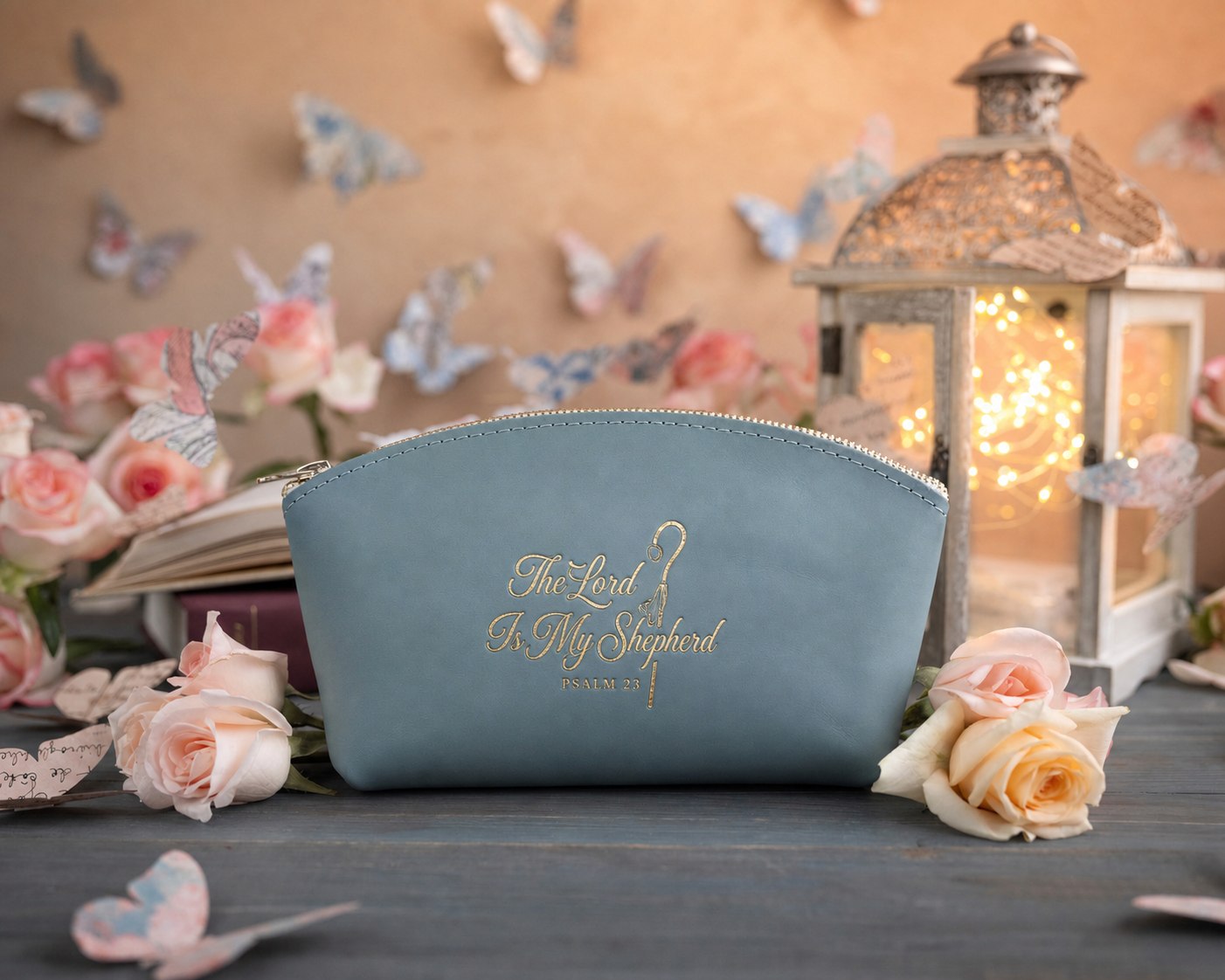 The Lord Is My Shepherd Psalm 23 Turquoise full-grain leather makeup bag, Christian scripture gift