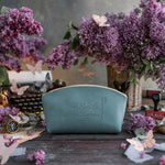 The Lord Is My Shepherd Psalm 23 Turquoise full-grain leather makeup bag, Christian scripture gift