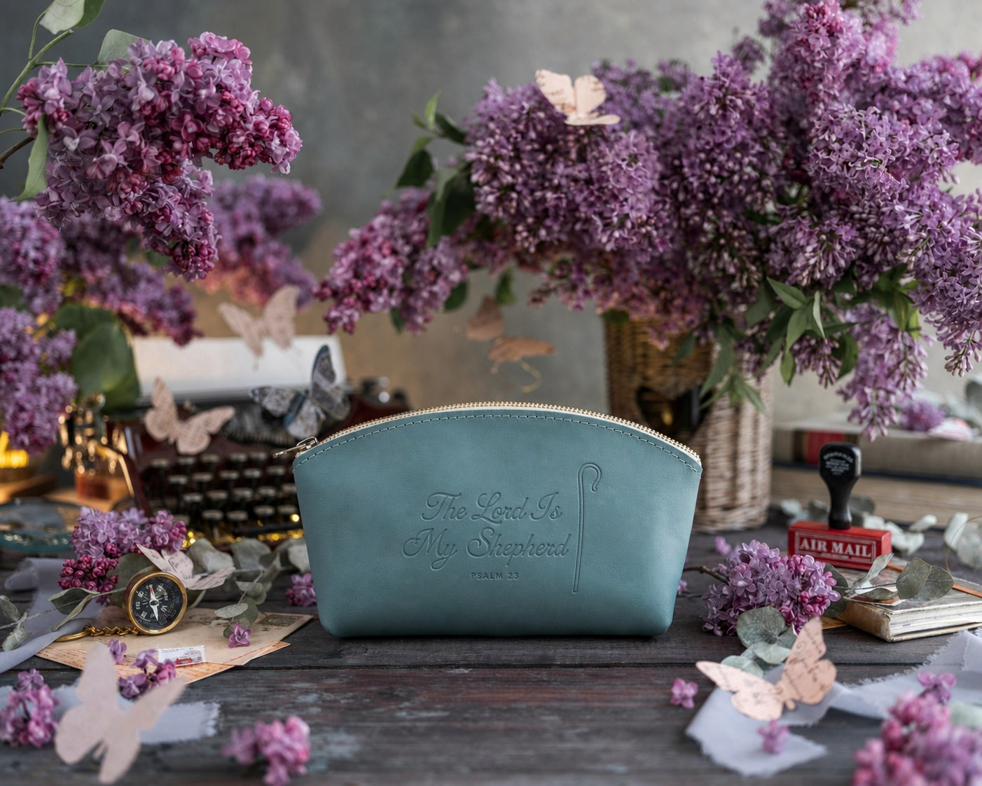The Lord Is My Shepherd Psalm 23 Turquoise full-grain leather makeup bag, Christian scripture gift