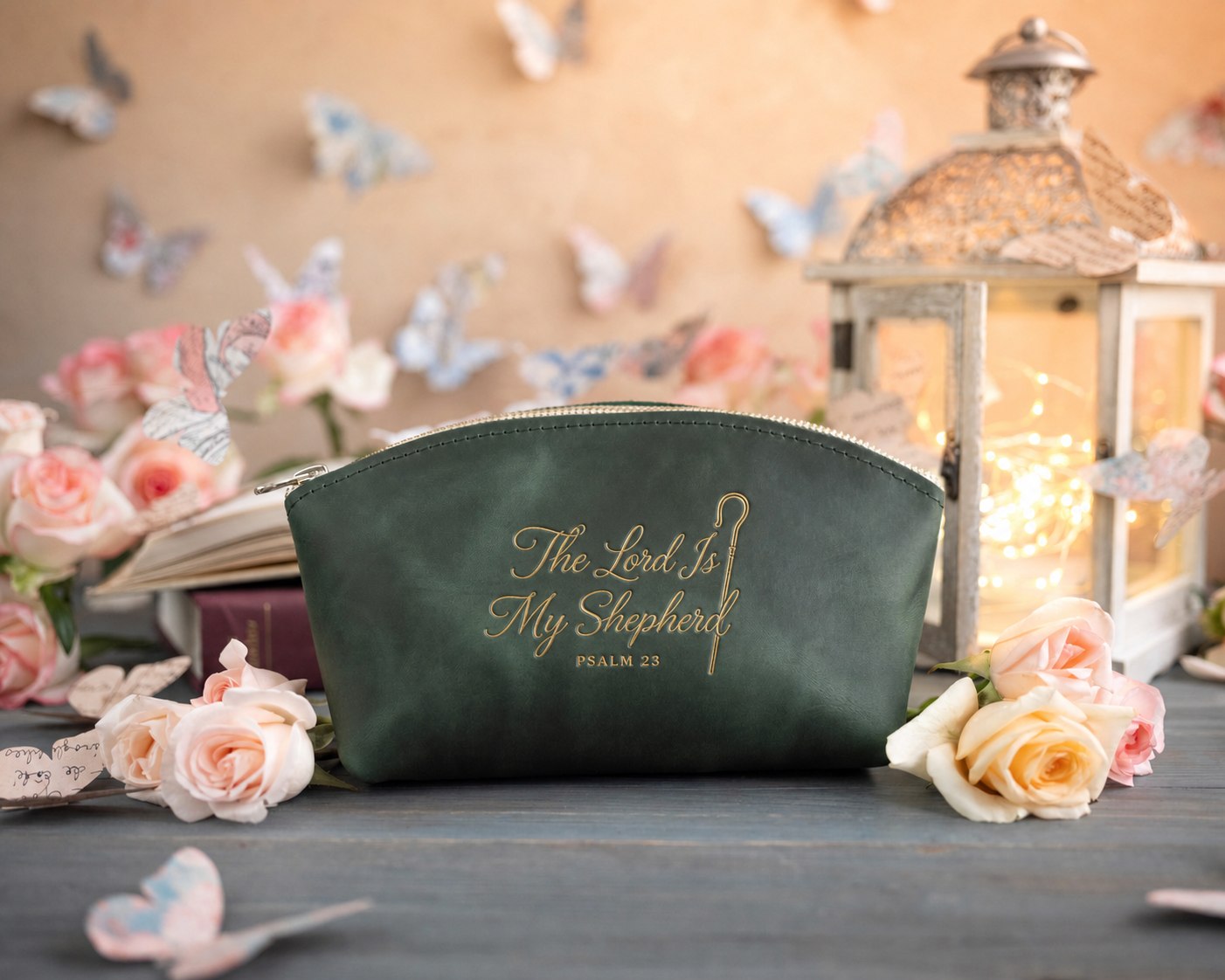 The Lord Is My Shepherd Psalm 23 full-grain leather makeup bag, Christian scripture gift